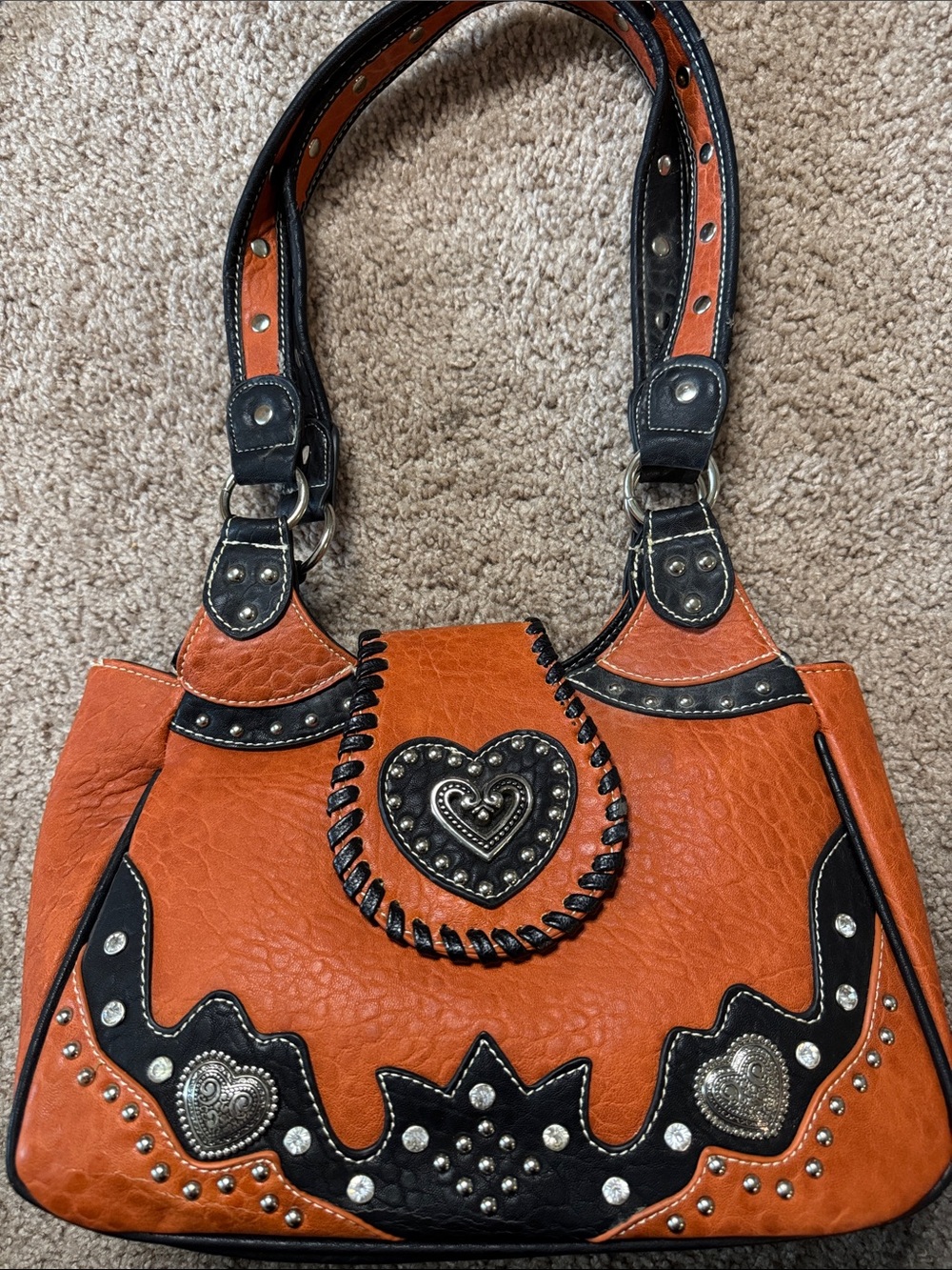 Orange and Black Heart-Accent Women's Shoulder Bag